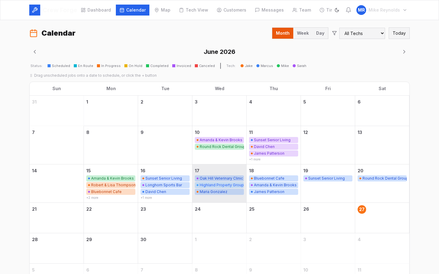 Crew Forge calendar showing color-coded job assignments across the month with drag-and-drop scheduling