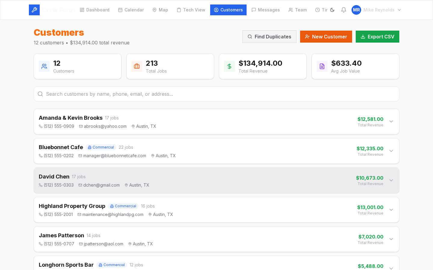 Crew Forge customers list with search, contact details, and complete job history per customer