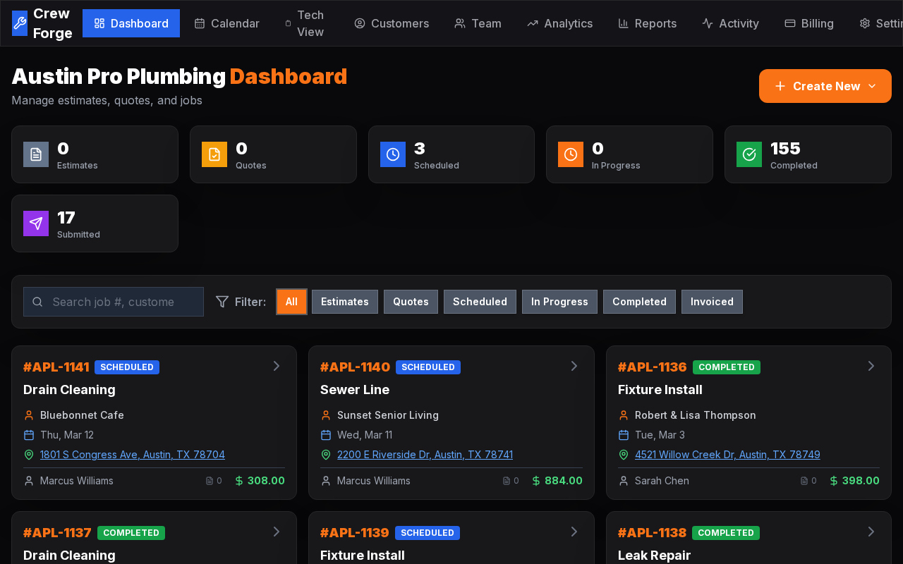 Crew Forge dashboard showing job management, revenue stats, and active technicians