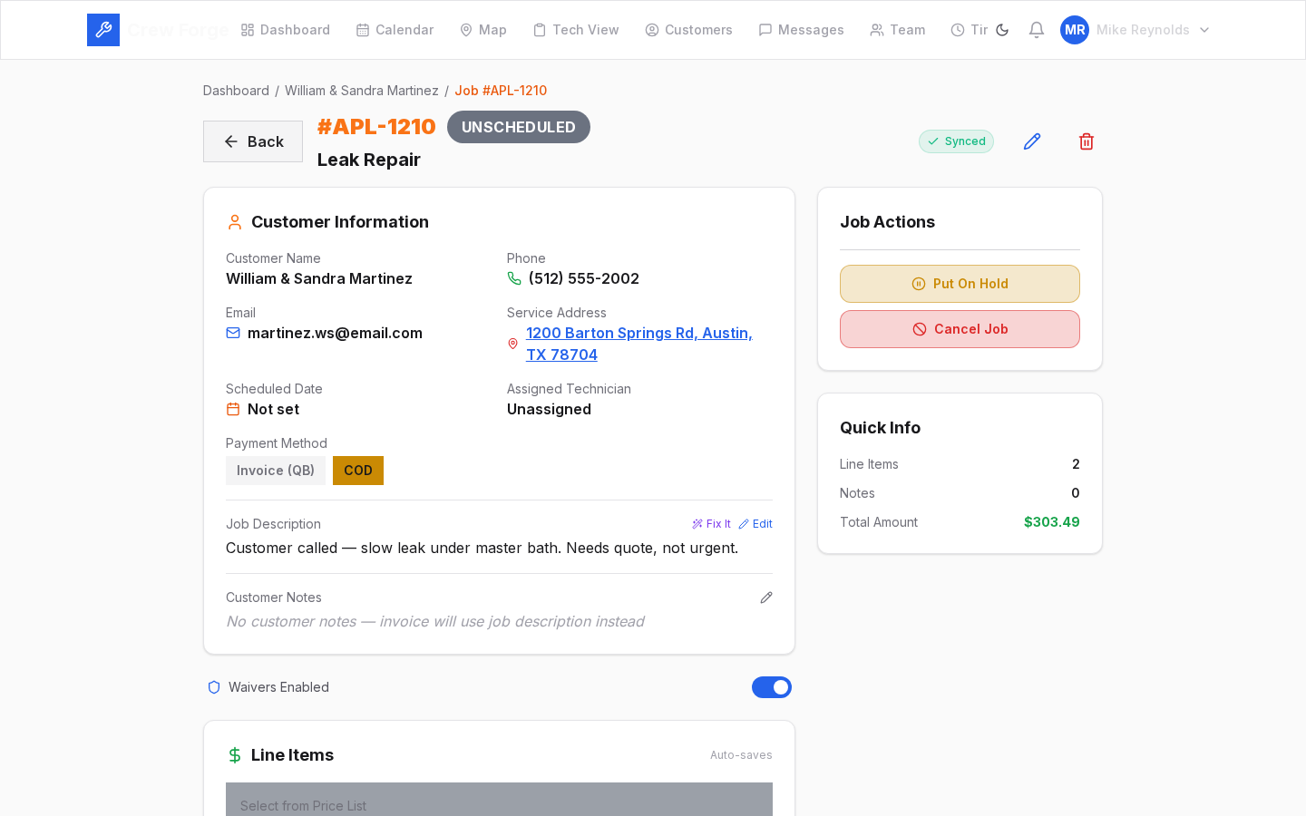 Job detail view with Submit to QuickBooks button and payment tracking