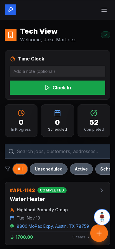Crew Forge mobile app showing job details with Submit to QuickBooks button